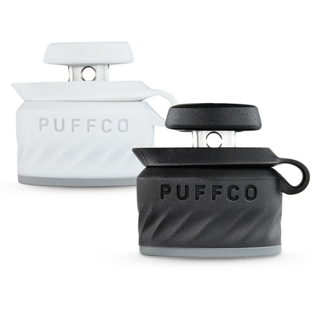 Puffco Peak Pro Joystick Caps in white and black, front view on seamless white background