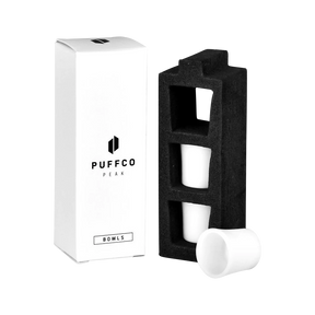 Puffco Peak 3-Pack Ceramic Bowls for Vaporizers, front view with packaging and foam insert
