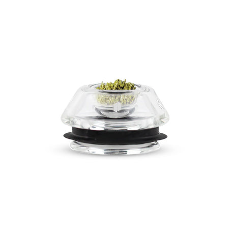 Puffco Proxy Flower Bowl made of Borosilicate Glass, front view with dry herbs, ideal for vaporizers