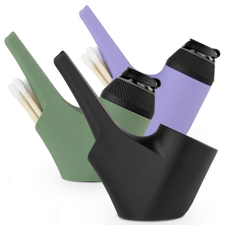 Puffco Proxy Silicone Travel Pipes in black, green, and purple, 5.25" length, angled view