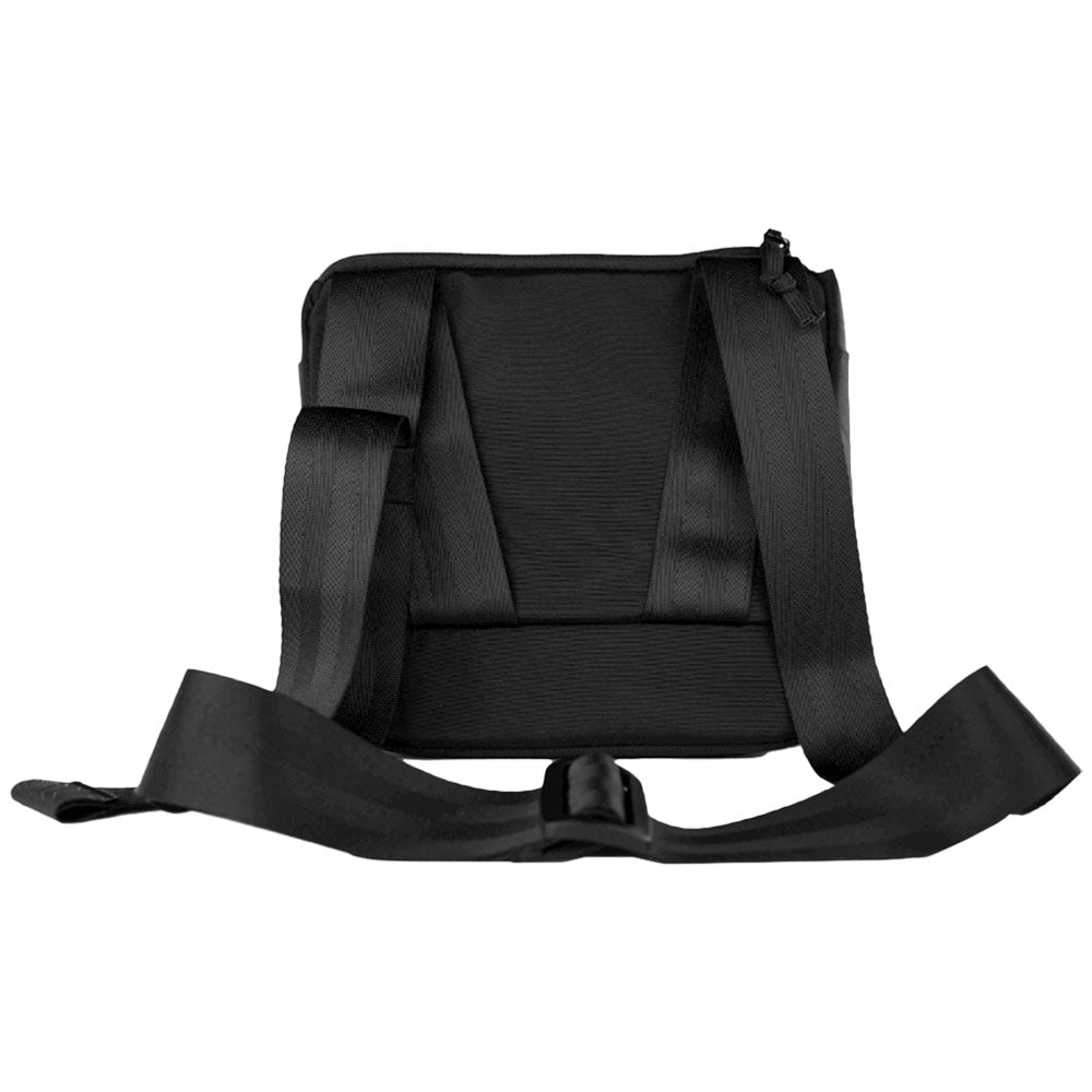 Puffco Proxy Travel Bag in black, front view, featuring adjustable shoulder strap and secure zipper
