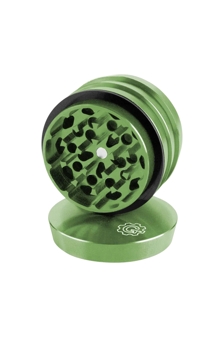 Pulsar 2" Green Aluminum 4pc Grinder, compact design with sharp teeth, top view on white background