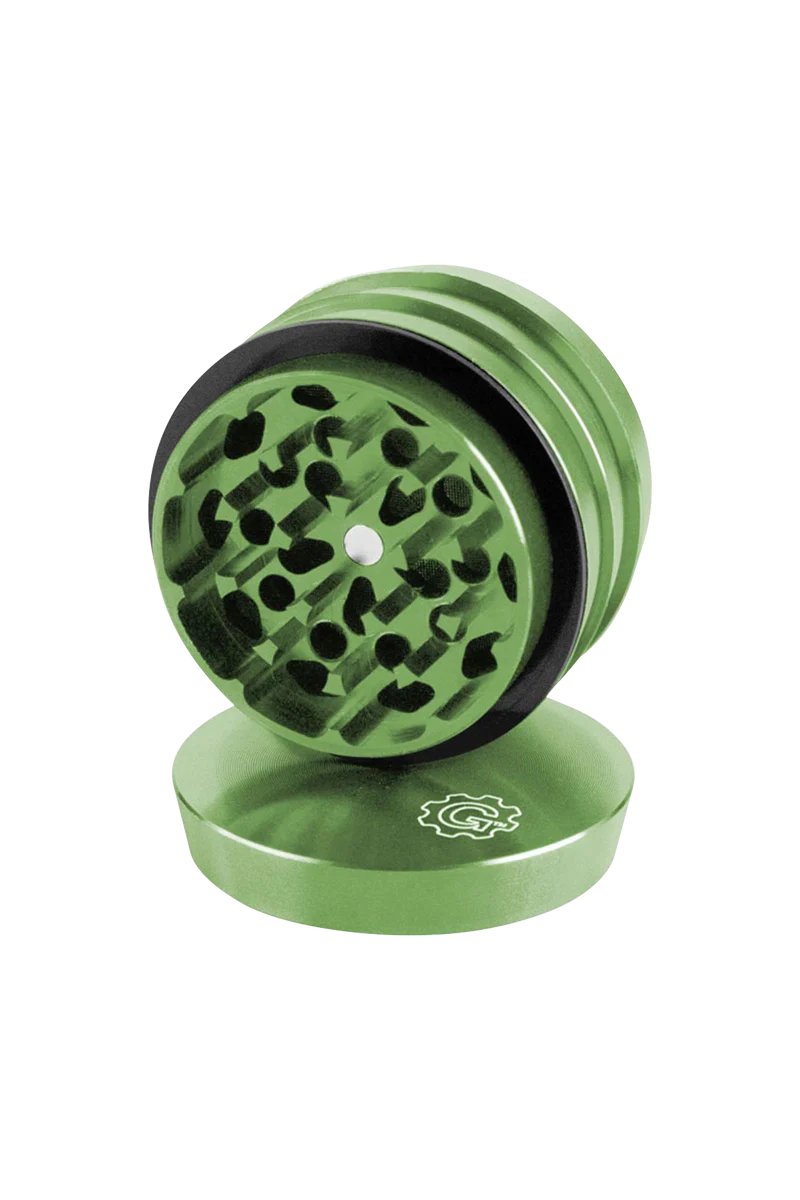Pulsar 2" Green Aluminum 4pc Grinder, compact design with sharp teeth, top view on white background