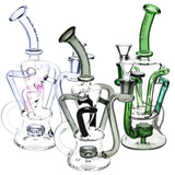 Pulsar 4-Tube Recycler Water Pipes in assorted colors with a 9" height and 14mm joint, angled side view