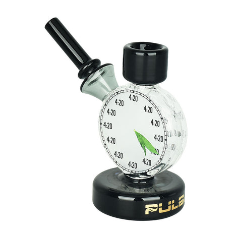 Pulsar 4:20 Time Piece Bubbler Pipe, 4.5" Borosilicate Glass, Black Base, Clear Body, Side View