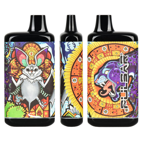 Pulsar 510 DL 2.0 Series Vape Bars with Psychedelic Jaguar Design, 650mAh, Front and Side Views