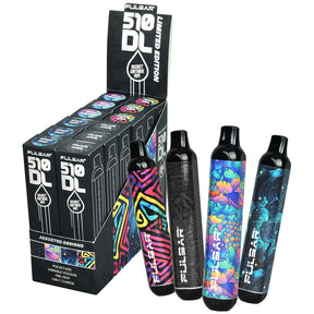 Pulsar 510 DL Vape Pens with vibrant design series, 320mAh, displayed with packaging