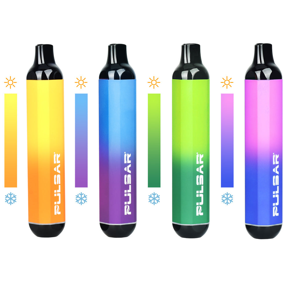 Pulsar 510 DL Auto-Draw VV Vape Pens in Blue, Green, Red, Front View on White Background