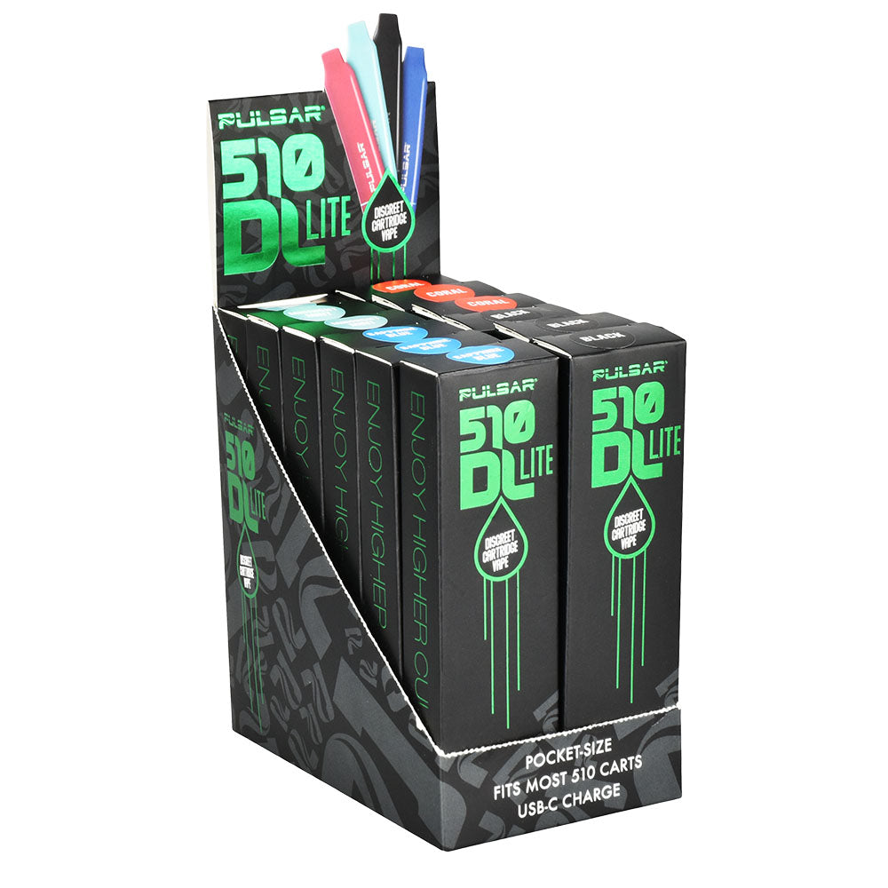 Pulsar 510 DL Lite Auto-Draw Vape Pen display with assorted colors, compact design, USB charge