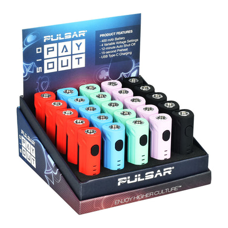Pulsar 510 Payout Variable Voltage Batteries on display, 400mAh, assorted colors, angled front view
