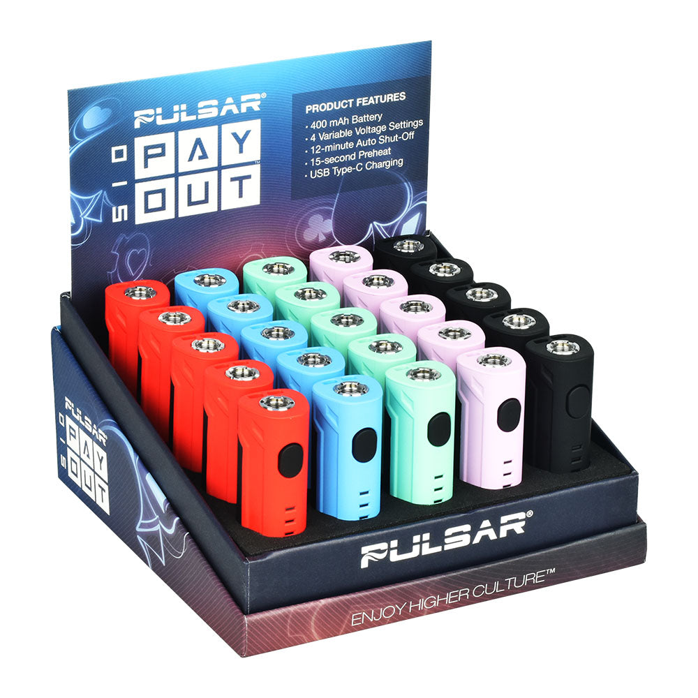 Pulsar 510 Payout Variable Voltage Batteries on display, 400mAh, assorted colors, angled front view