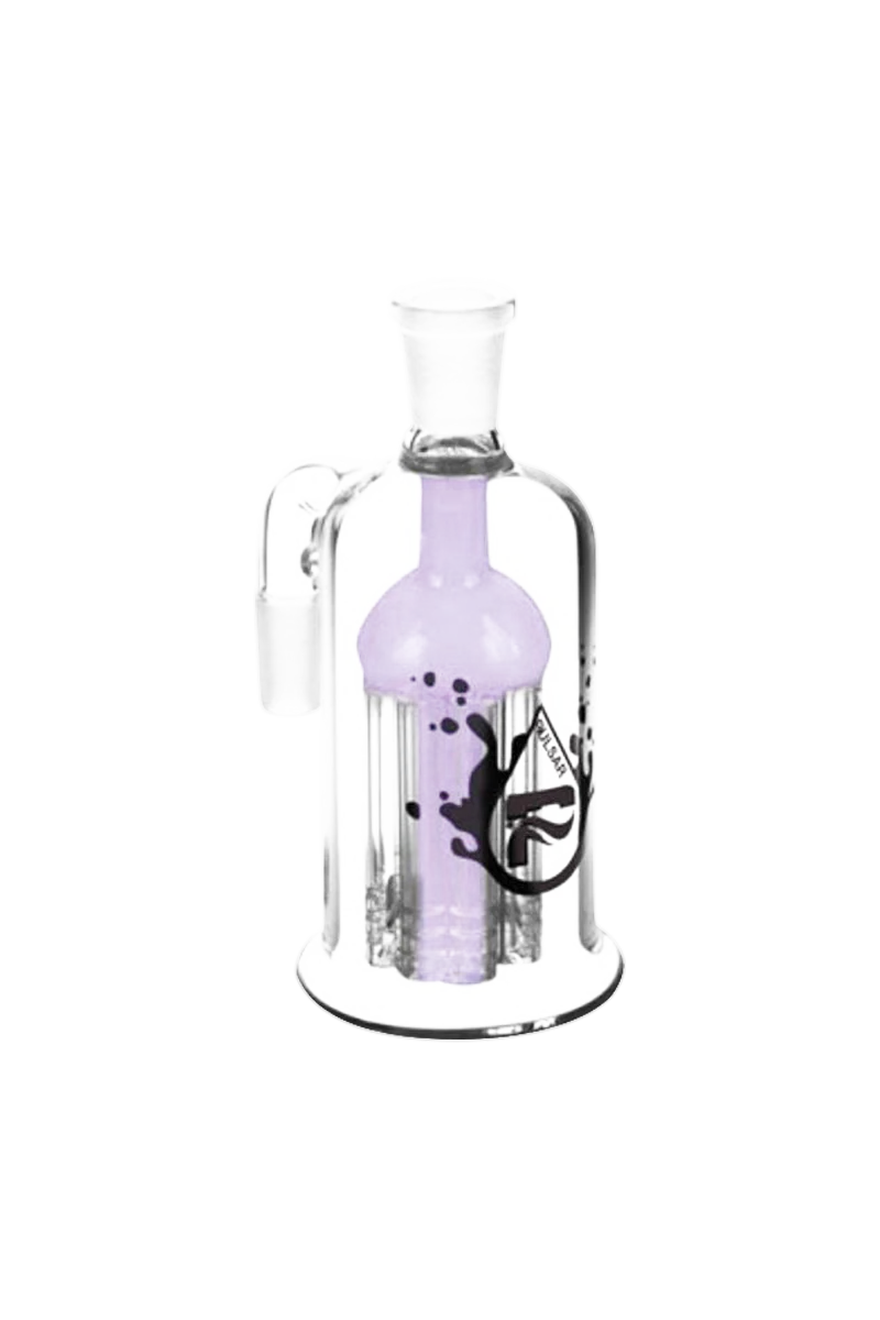 Pulsar 8 Arm Ash Catcher in clear and purple borosilicate glass, 90-degree joint angle, front view