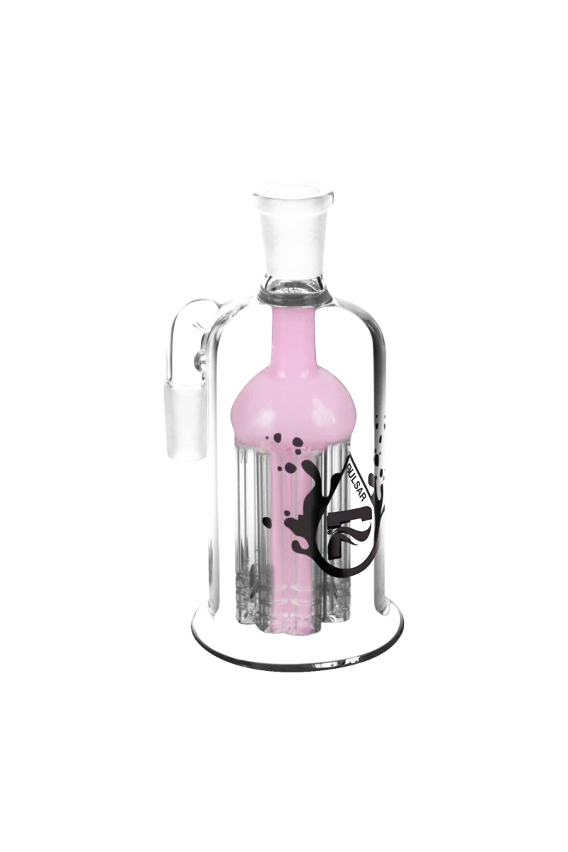 Pulsar 8 Arm Ash Catcher with pink tree percolator, 90-degree joint, front view on white background