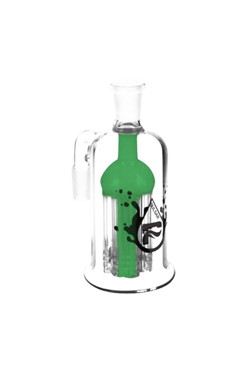Pulsar 8 Arm Ash Catcher in clear borosilicate glass with green tree percolator, 90-degree joint