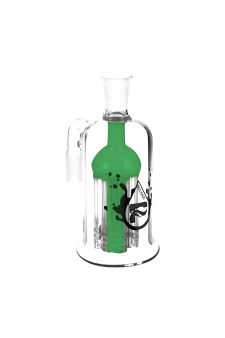 Pulsar 8 Arm Ash Catcher in clear borosilicate glass with green tree percolator, 90-degree joint