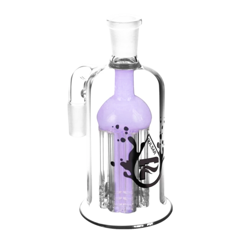 Pulsar 8 Arm Ash Catcher with clear borosilicate glass and purple accents, front view