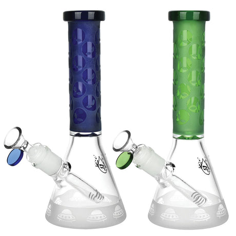 Pulsar Alien Headz Beaker Water Pipes in blue and green with 14mm bowls, front view on white background