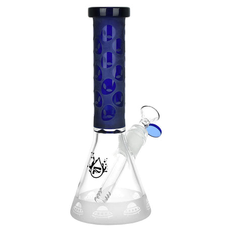 Pulsar Alien Headz Beaker Water Pipe, 9.75" tall, with a 14mm female joint, front view on white background