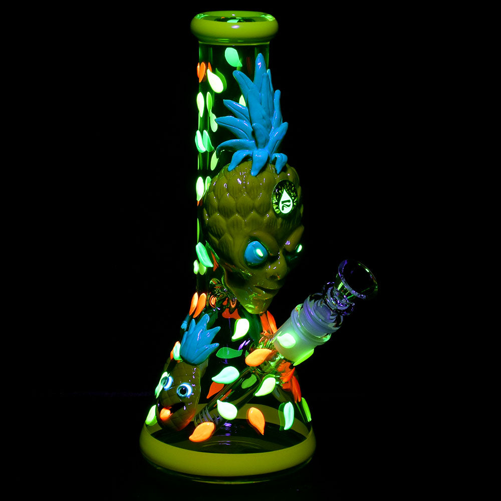 Pulsar Alien Pineapple Beaker Water Pipe with Glowing Accents, 10" 14mm Female Joint, Front View