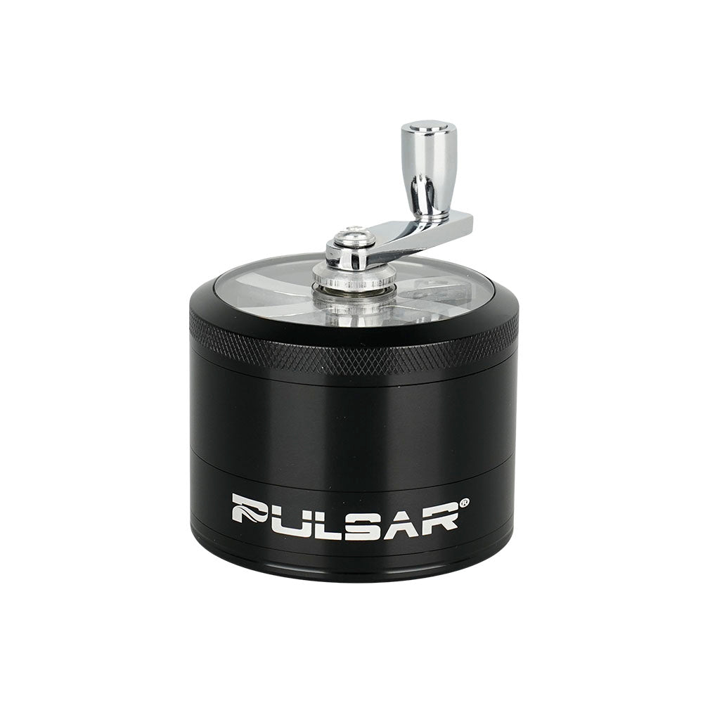 Pulsar Aluminum Crank Grinder in Black, 4-piece with transparent lid, side view on white background