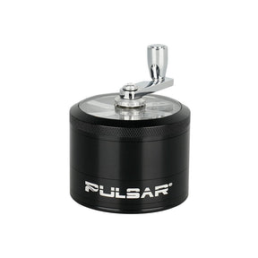 Pulsar Aluminum Crank Grinder in Black, 4-piece with transparent lid, side view on white background