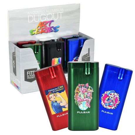 Pulsar Anodized Aluminum Dugout Series 2 in assorted colors with artistic designs, displayed with box