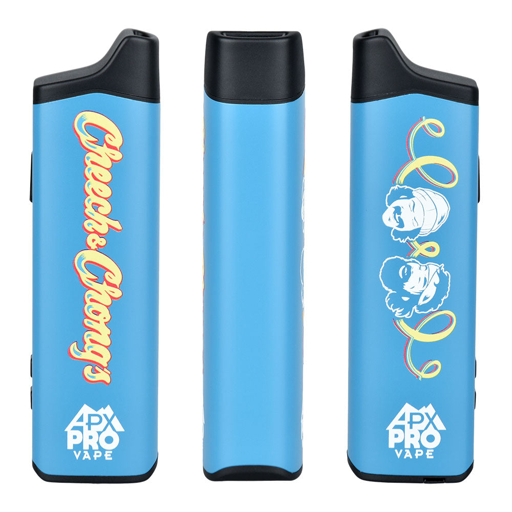 Pulsar APX Pro Dry Herb Vaporizer in blue with Cheech & Chong design, 2100mAh, three angles