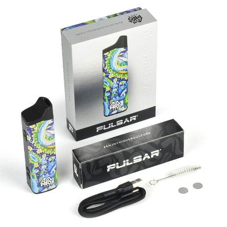 Pulsar APX Pro Dry Herb Vaporizer in Black with 2100mAh battery, USB cable, and cleaning tools