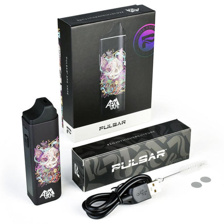 Pulsar APX Vape V3 in black with 1600mAh battery, packaging, and USB charger
