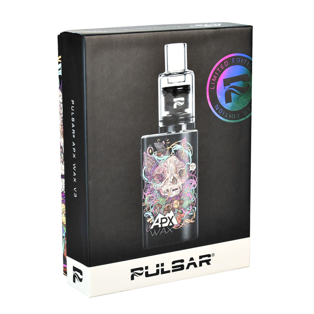Pulsar APX Wax V3 Vaporizer in Black with Quartz Carb Cap, front view on packaging