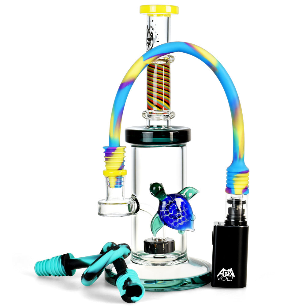 Pulsar APX Wax V3 Vaporizer in black with colorful glass turtle attachment and accessories