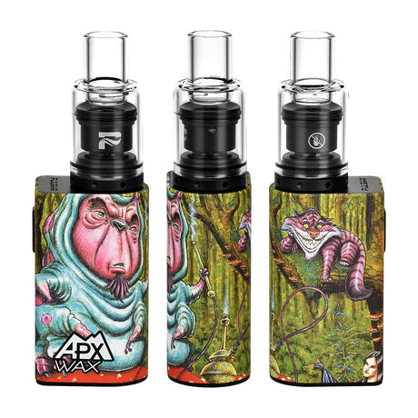Three Pulsar APX Wax V3 Vaporizers with artistic designs, front view, for concentrates