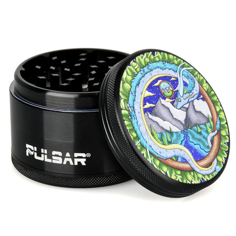 Pulsar Artist Series 4pc Metal Grinder with Remembering Dragon Design - Top and Side View