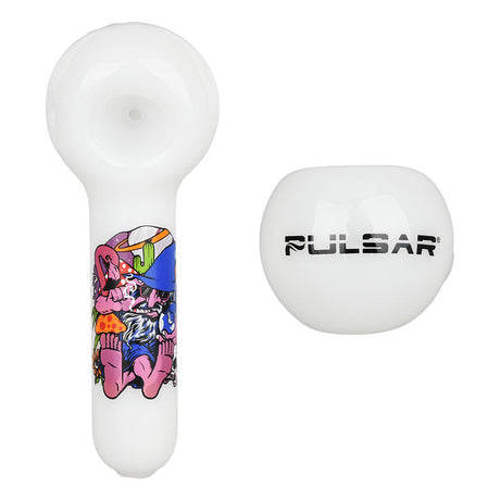 Pulsar Artist Series Spoon Pipe - Flamingo Wizard Design, 5" Borosilicate Glass, Top and Bottom View