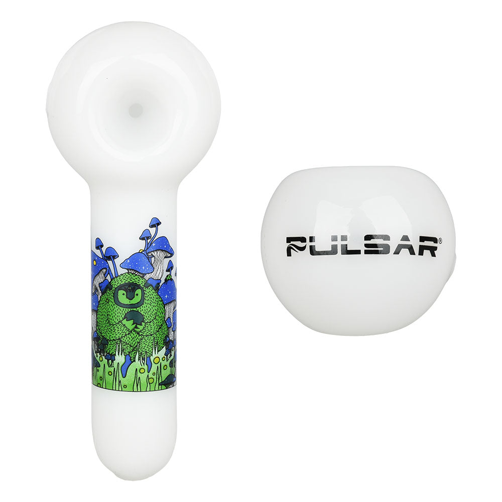 Pulsar Artist Series Spoon Pipe with vibrant green creature design, 5" borosilicate glass, top and side view