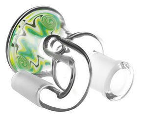 Pulsar Ash Catcher with Worked Glass Design and Frosted Joints, 14mm Male Connection, Angled View