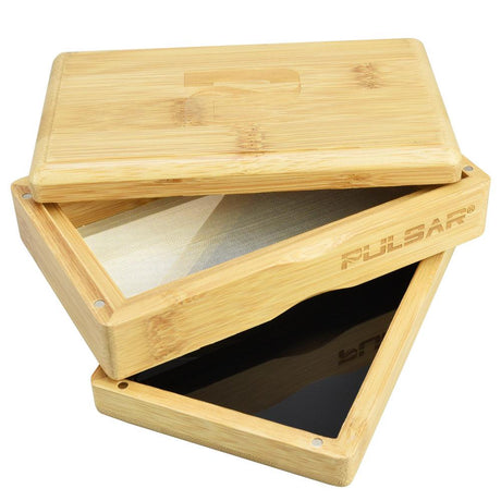Pulsar Bamboo Sifter Box, 3-Part Design with Fine Mesh Screen, Medium Size - Angled View