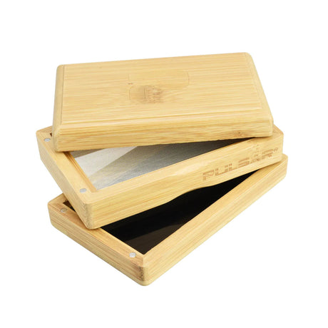 Pulsar Bamboo Sifter Box, small 3-part grinder with closable design, side view on white background