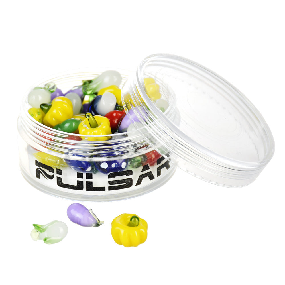 Pulsar Banger Insert Beads in Veggie Shapes, Borosilicate Glass, 50 Pack, Clear Container