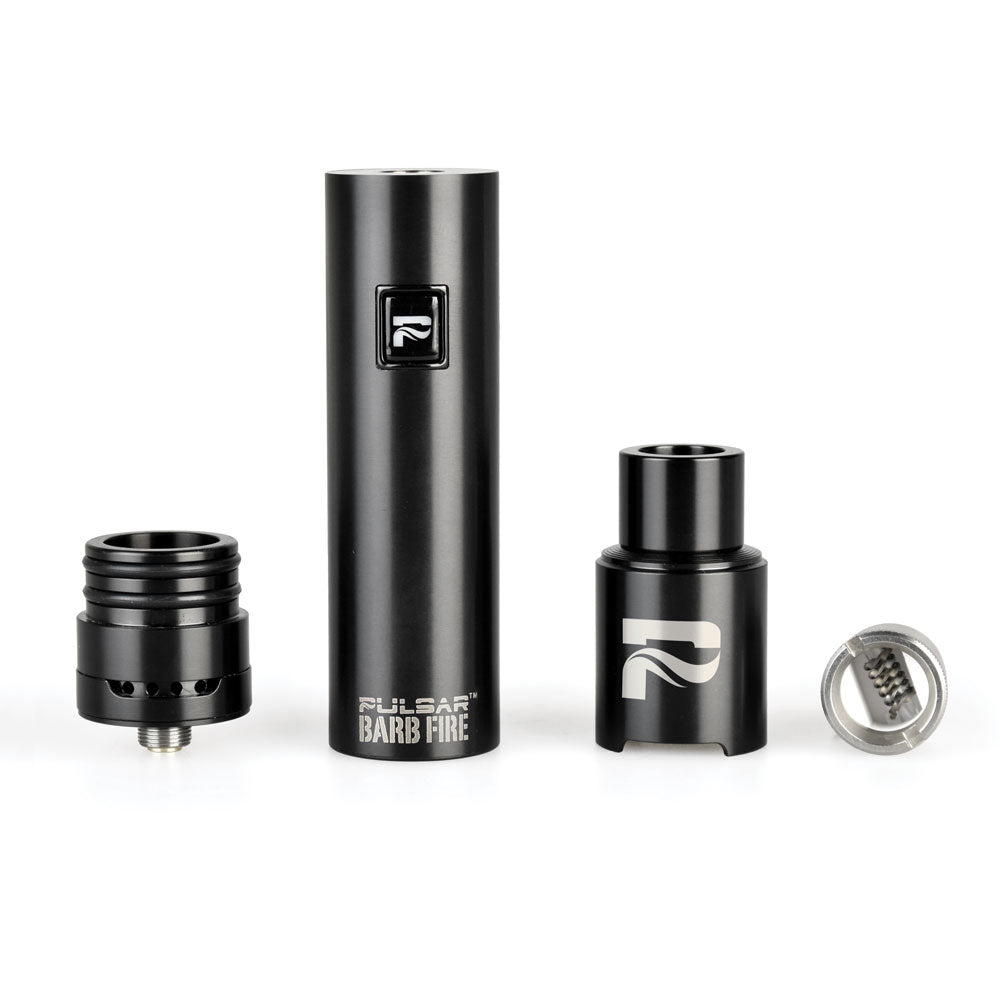 Pulsar Barb Fire wax vaporizer in black with quartz coil, front view on white background
