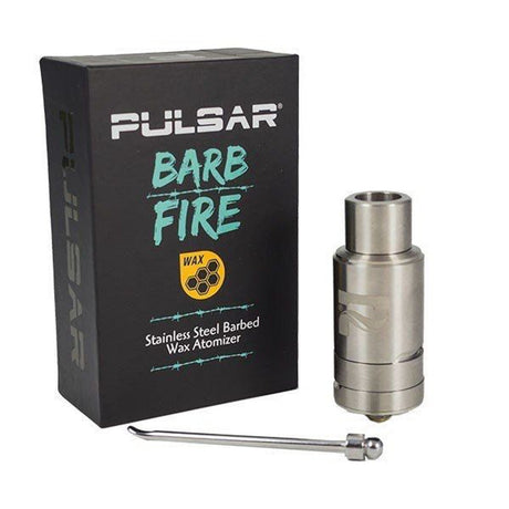 Pulsar Barb Fire Wax Atomizer with Double Ribbon Coil and Dab Tool on White Background