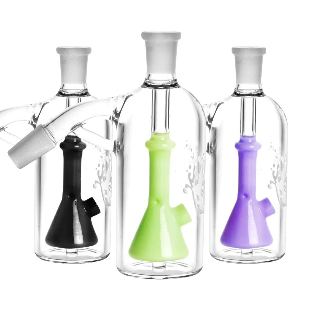 Pulsar Beaker Perc Ash Catchers in black, green, purple with 45-degree joints, front view