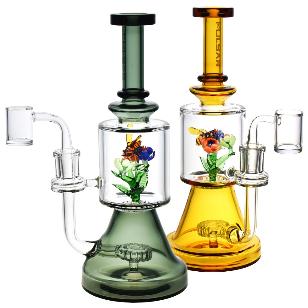 Pulsar Bee Flower Dab Rigs in various colors, 9.75" high-quality borosilicate glass, front view