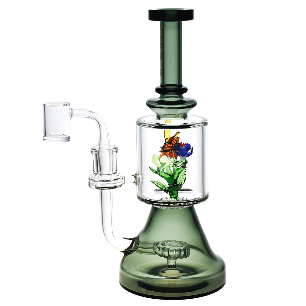 Pulsar Bee Flower Dab Rig, 9.75" High-Quality Borosilicate Glass, Front View on White Background