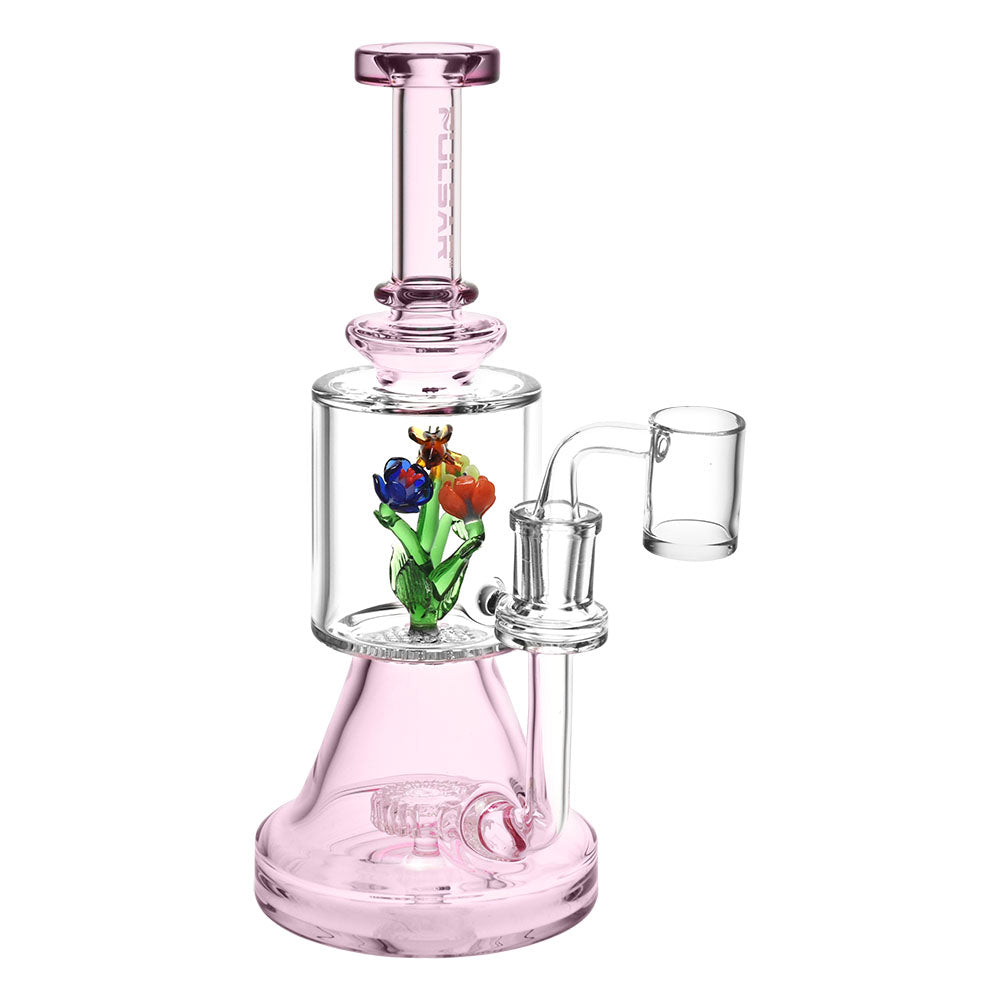 Pulsar Bee Flower Dab Rig in high-quality borosilicate glass, 9.75" tall, with colorful accents