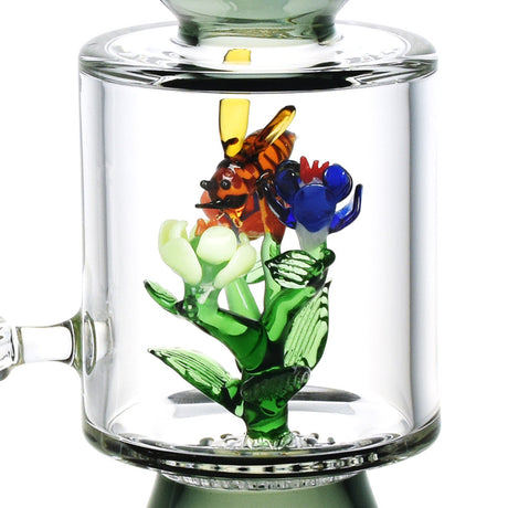Pulsar Bee Flower Dab Rig close-up, 9.75" high-quality borosilicate glass with intricate bee design