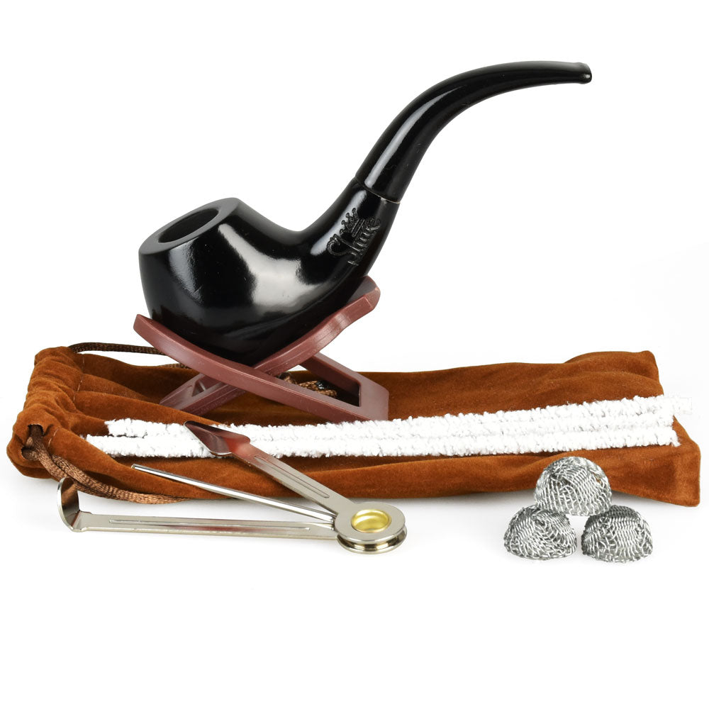 Pulsar Bent Ebony Tobacco Pipe with accessories, including a cleaning tool and mesh screens