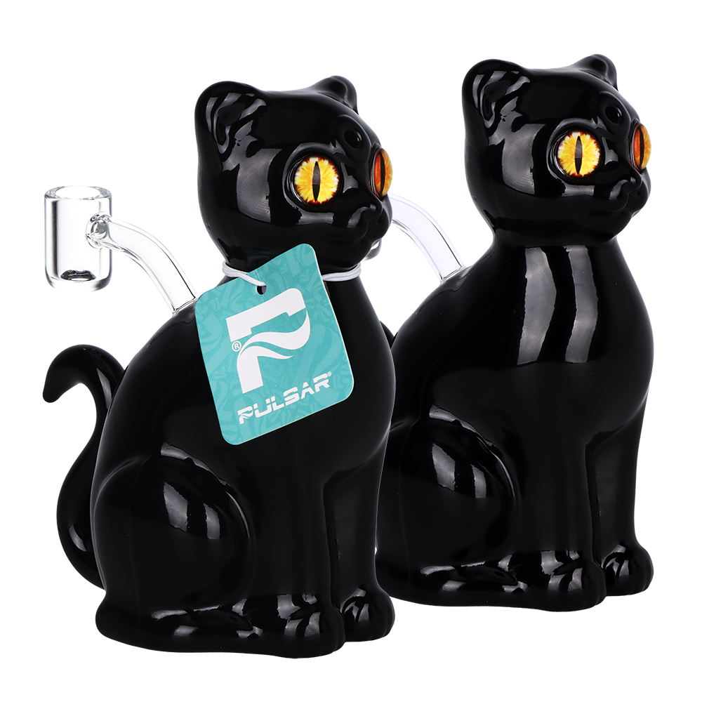 Pulsar Black Cat 6.25 inch glass dab rig 2 pack, black borosilicate glass novelty rig with a 14mm banger