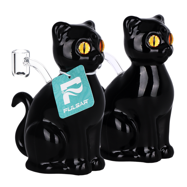 Pulsar Black Cat 6.25 inch glass dab rig 2 pack, black borosilicate glass novelty rig with a 14mm banger