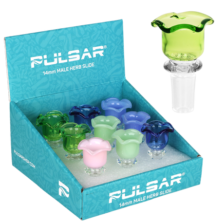 Pulsar Blissful Blossom 14mm male herb slide, a borosilicate glass bong bowl sold as a 9-pack display